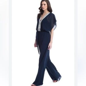 Belle Badgley Mischka Navy Blue Silver Bead Wide Leg Jumpsuit
